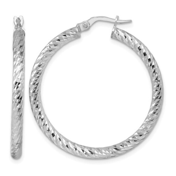 Herco 14k White gold diamond-cut and twisted 3.0 round hoop Earrings, RH Plated - Picture 1 of 5